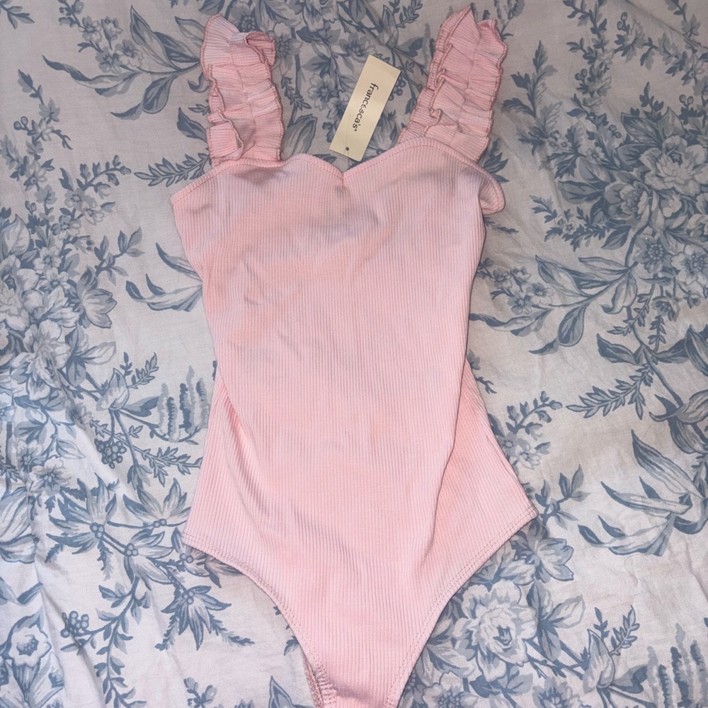 Francesca's Collections Pink Ruffled Bodysuit